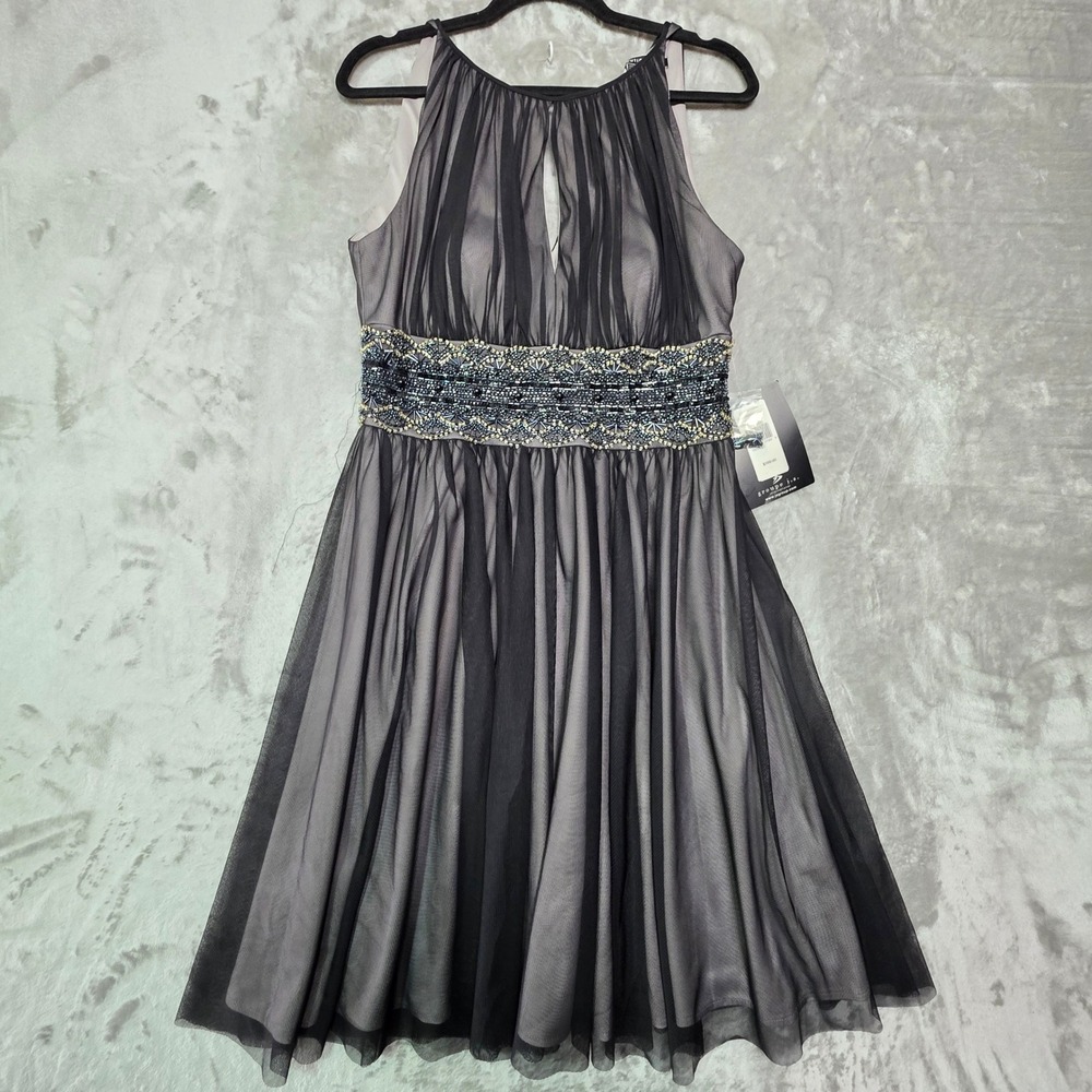 JS Boutique Women Black Silver Beaded Empire Waist Mesh Cocktail Dress Size 12